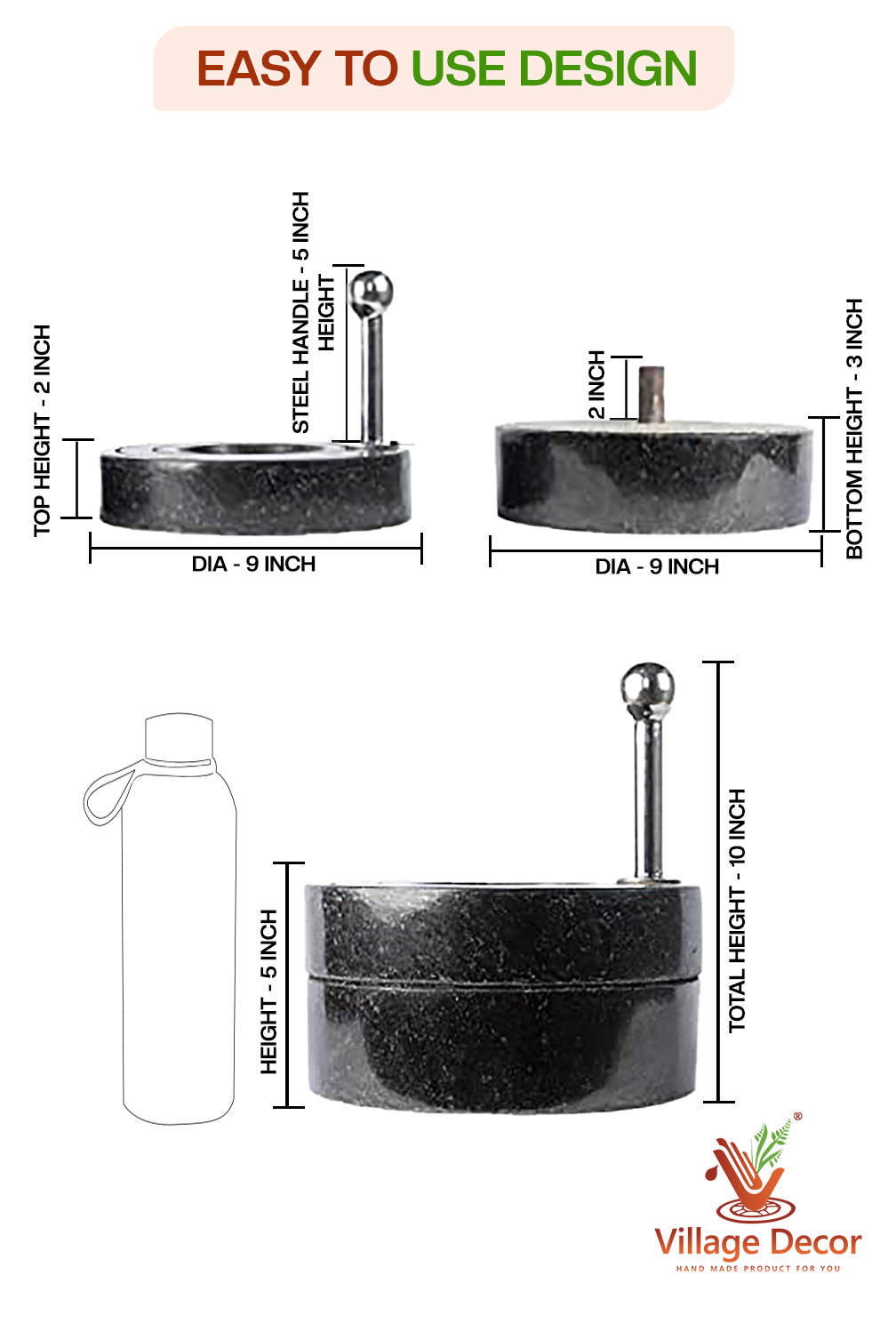 Black stone Handmade | Patthar Ki Chakki | Stone Mill/Grinder (Dia - 9 inch)