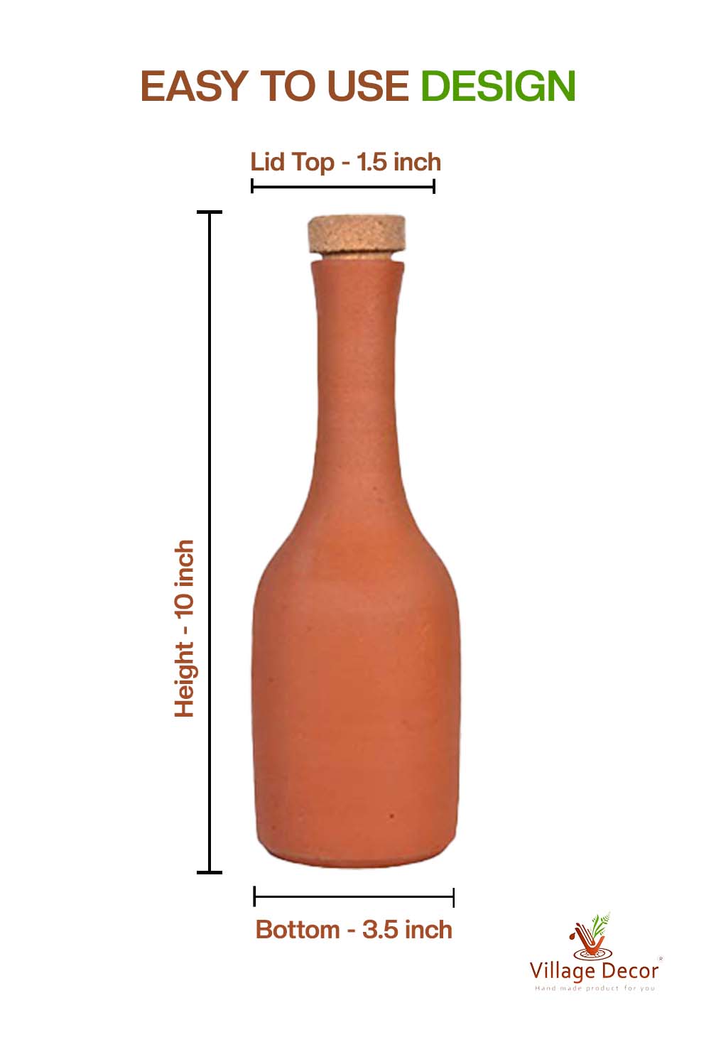 Terracotta clay Water Bottle with Wooden Cork (Pre-Seasoned) - 800 ml