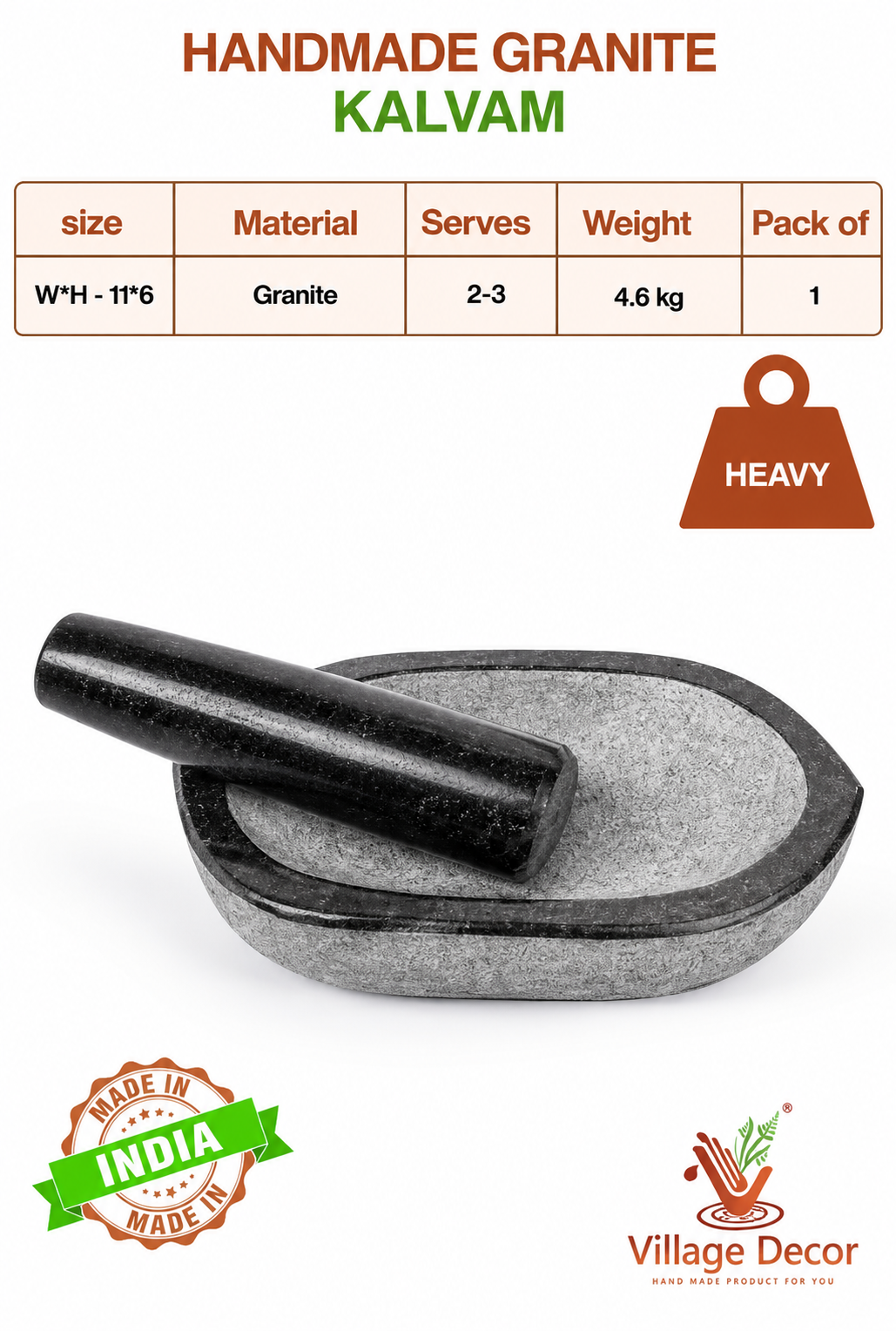 Granite Boat shape Kharal | Nanni Kalvam(நன்னி கல்வம்), Lightweight with comfortable Pestle, 100% Safe, High-Quality Stone for Home & Kitchen