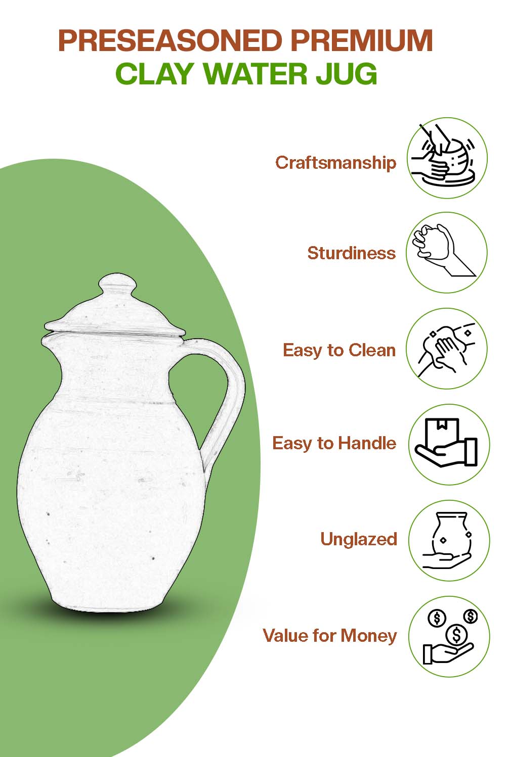 Terracotta clay Classic Water Jug (Pre-seasoned) -1000 ml