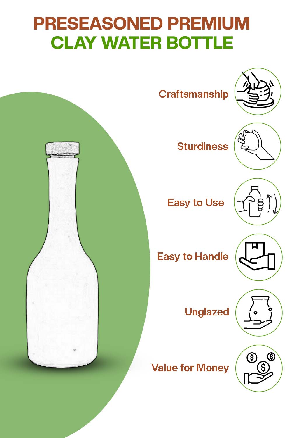 Terracotta clay Water Bottle with Wooden Cork (Pre-Seasoned) - 800 ml