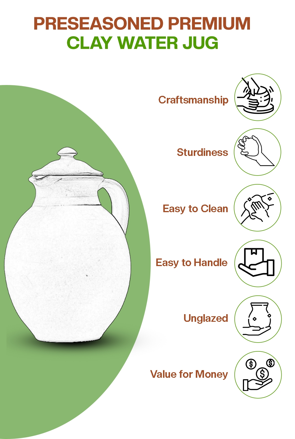Terracotta clay Water Jug / Pitcher (Pre-seasoned) -3000 ml