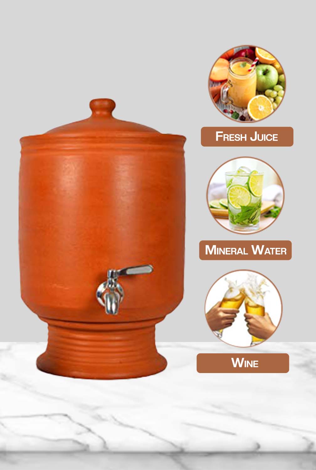Village Decor Earthen Clay Water Pot with Lid & tap (Pre-seasoned) -7000 ml