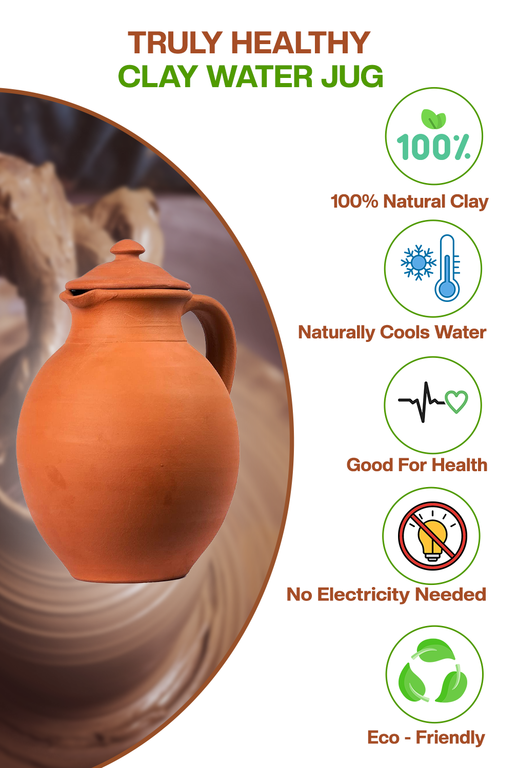 Terracotta clay Water Jug / Pitcher (Pre-seasoned) -3000 ml