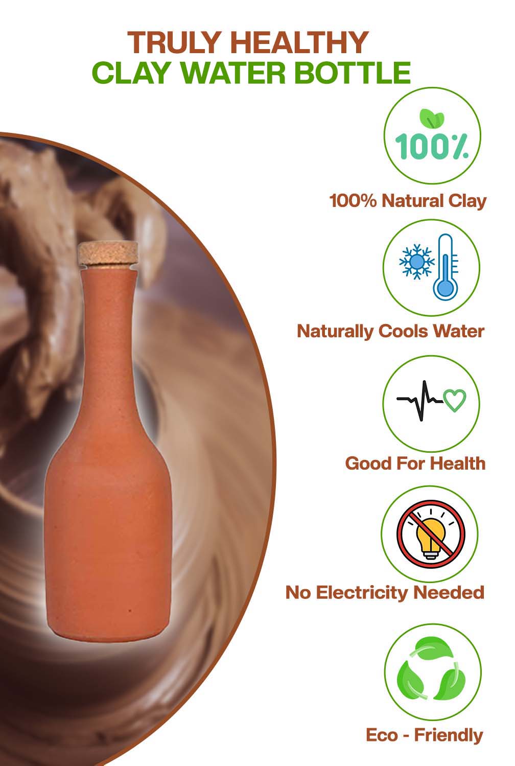 Terracotta clay Water Bottle with Wooden Cork (Pre-Seasoned) - 800 ml