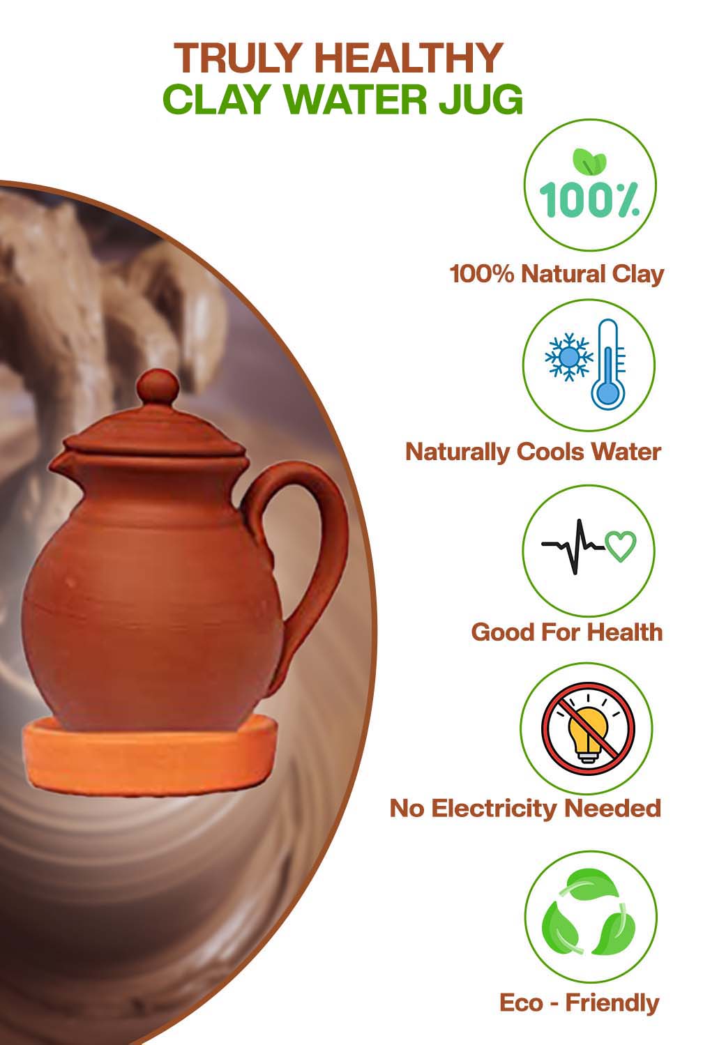 Terracotta clay Water Jug with Glass(Pre-seasoned) - 1500 ml