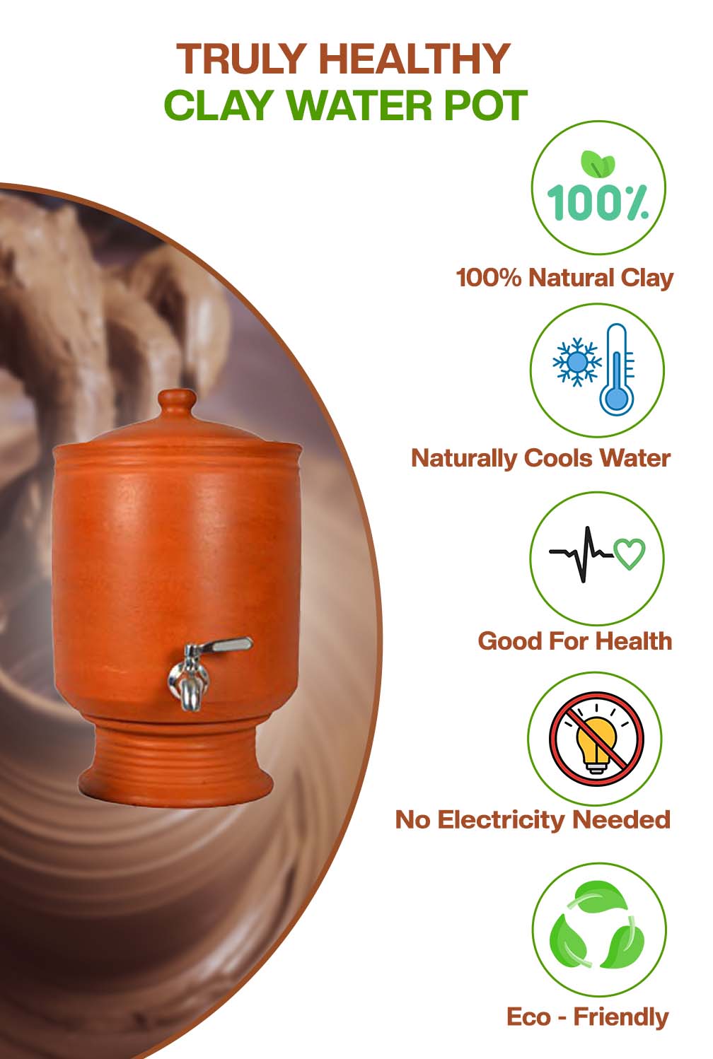 Earthen Clay Water Pot with Lid & tap (Pre-seasoned) -7000 ml