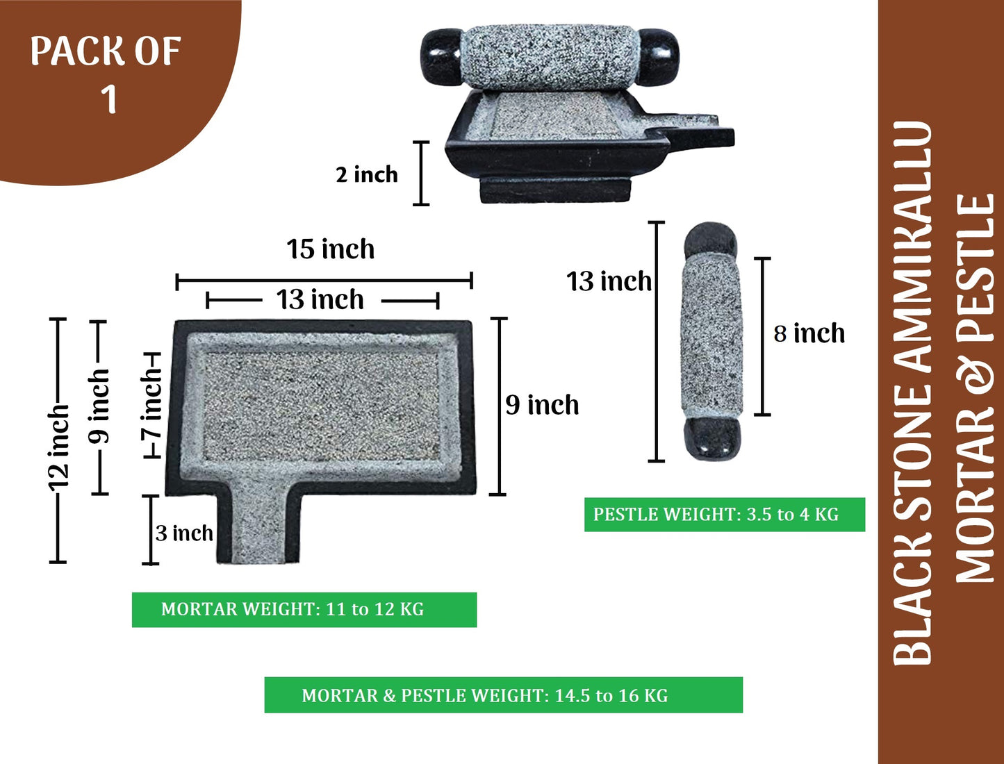 Black Stone Ammikallu/Mortar and Pestle (B x L - 9 x 15 inch)