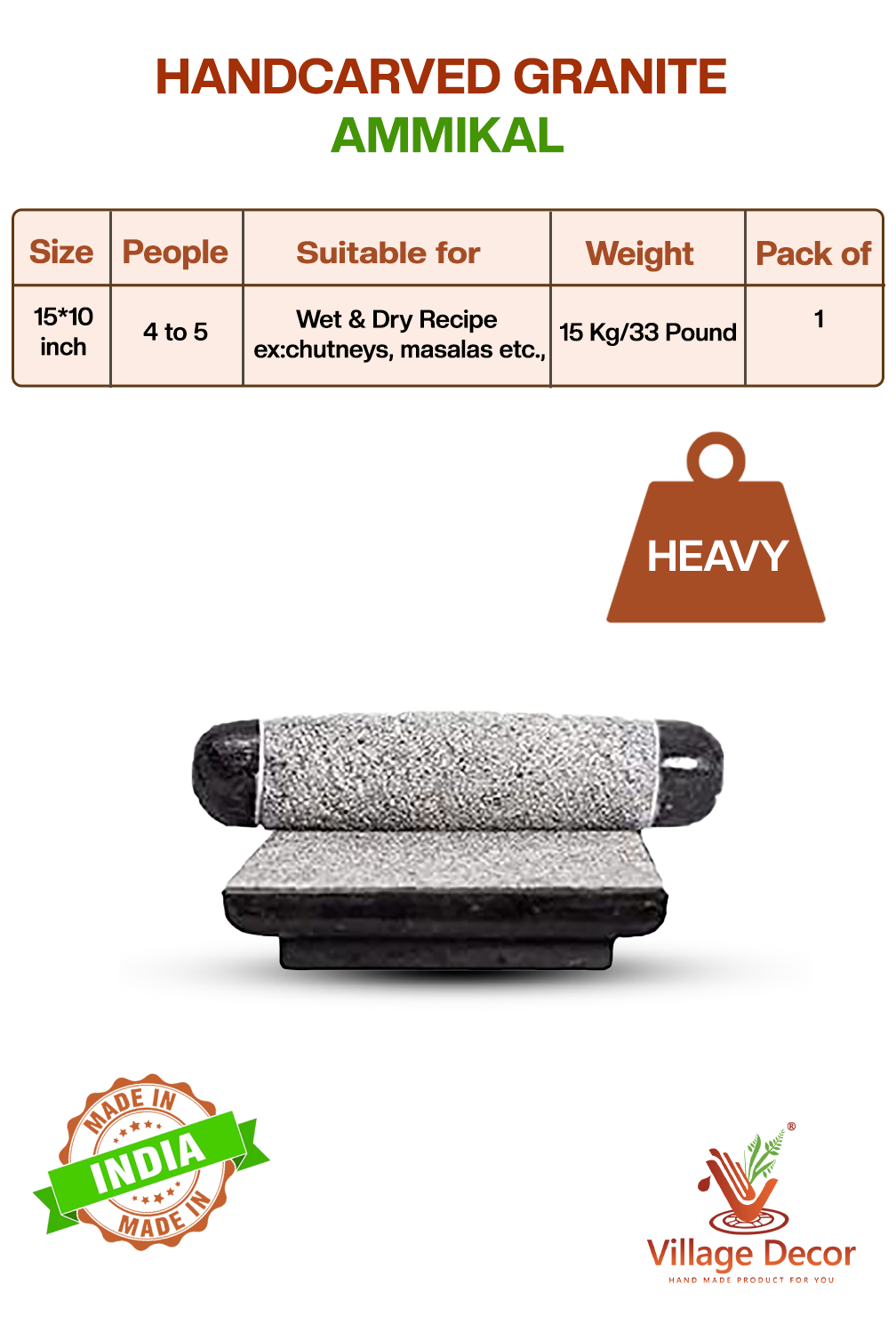 Granite Polished Sil Batta | Ammikallu | Mortar and Pestle (L * B - 15 inch * 10 inch)