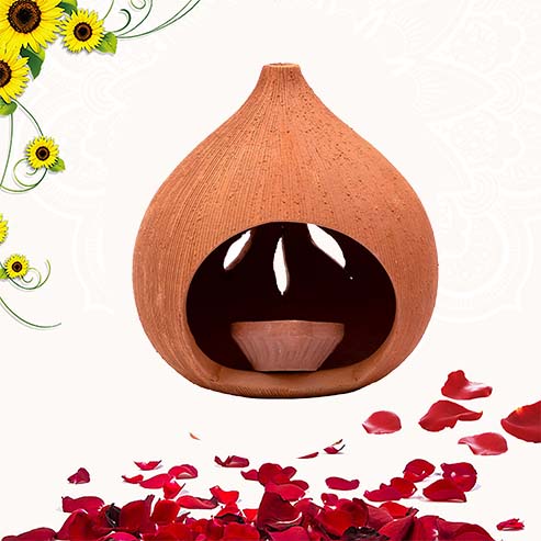 Terracotta Coconut Shape lamp Holder with lamp, Height - 5 inch