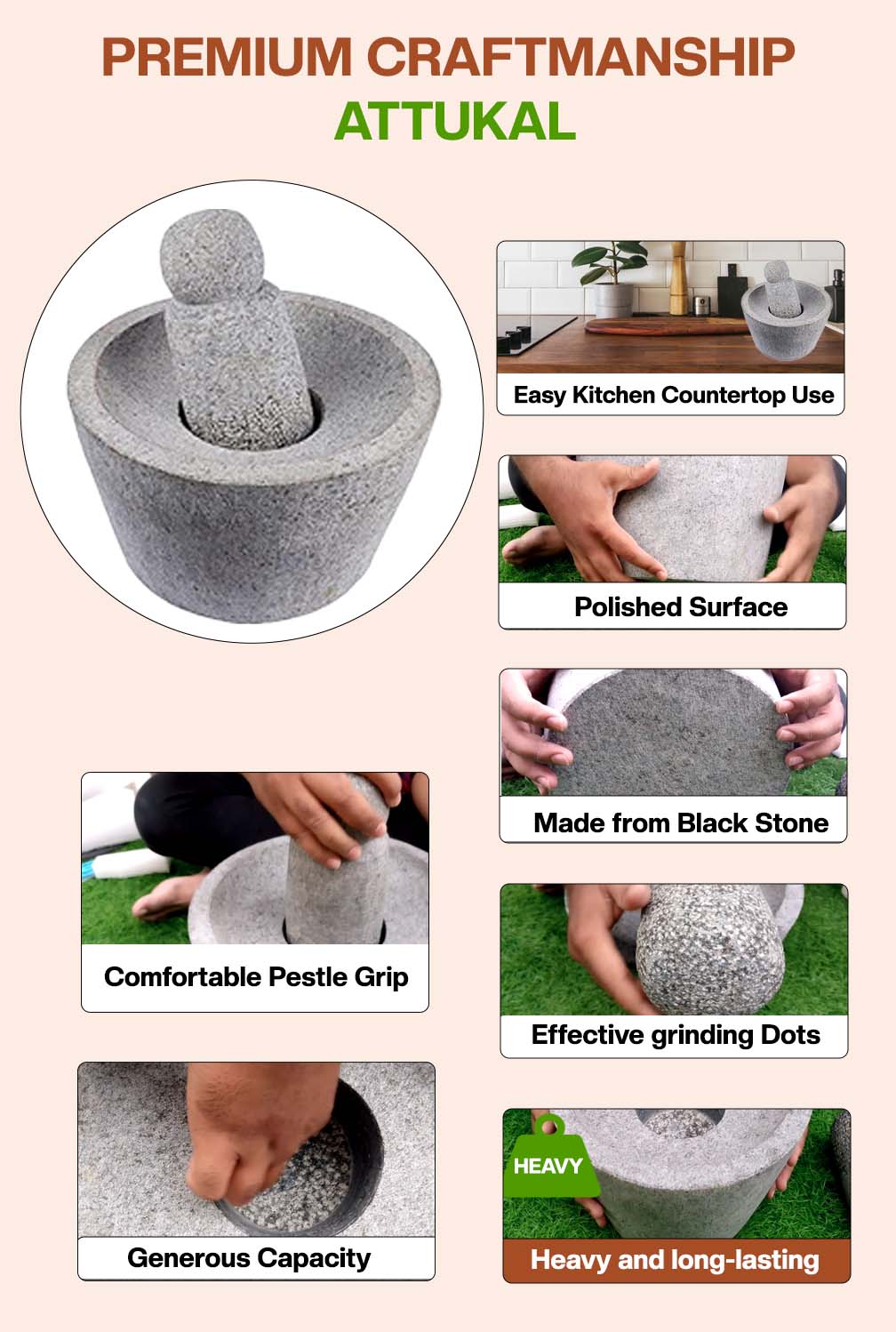 Black Stone Attukal / mortar & pestle (B * H - 12 * 7 inch)