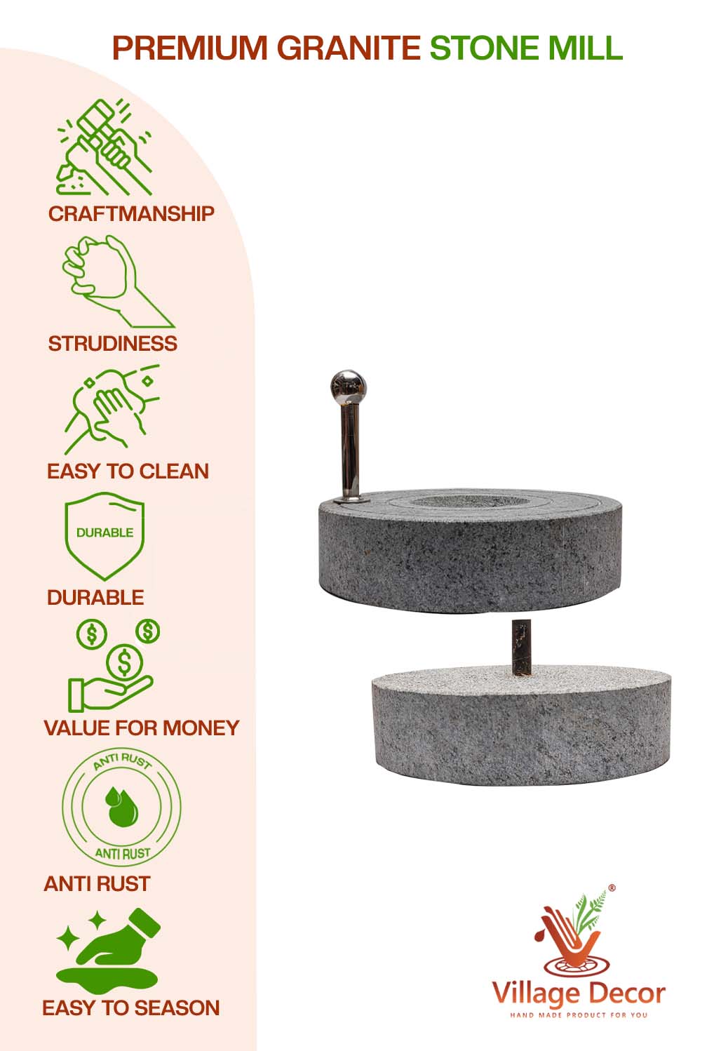 Handcrafted Atta Chakki showing unique strength, durability, easy maintenance, and traditional build.
