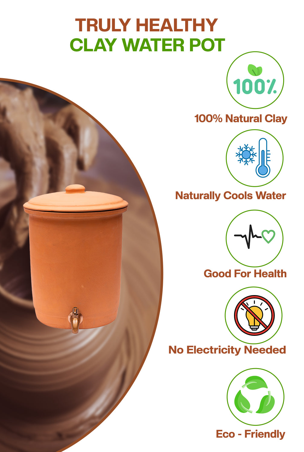 Earthen Clay Water Pot with Lid (Pre-Seasoned) and 304 Stainless Steel Copper Color Tap - 8 Liter