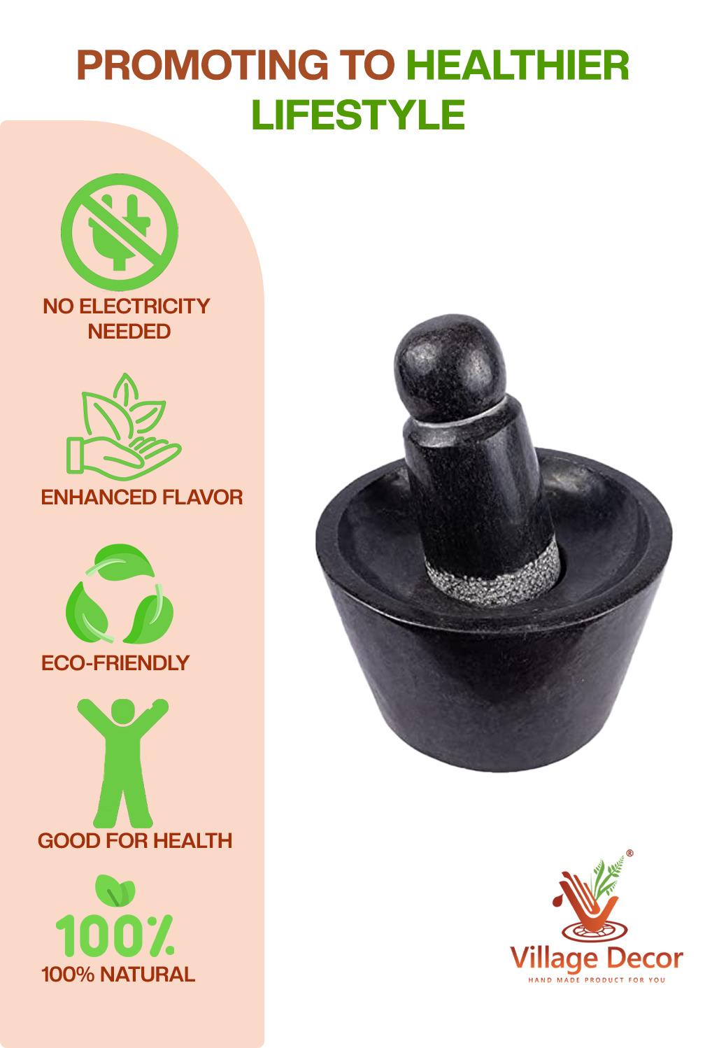 Black Stone Polished Attukal / mortar & pestle (B * H - 10 * 6 inch)