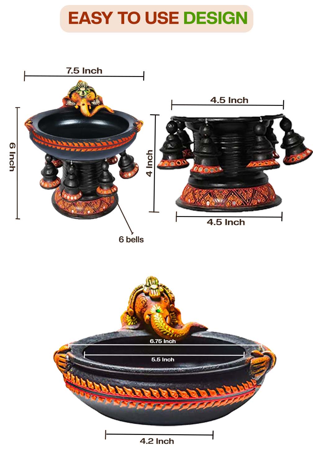 Dimensions of the handmade black terracotta Ganesha urli with stand, showcasing its size and traditional Ganesha design for home decor and spiritual spaces.
