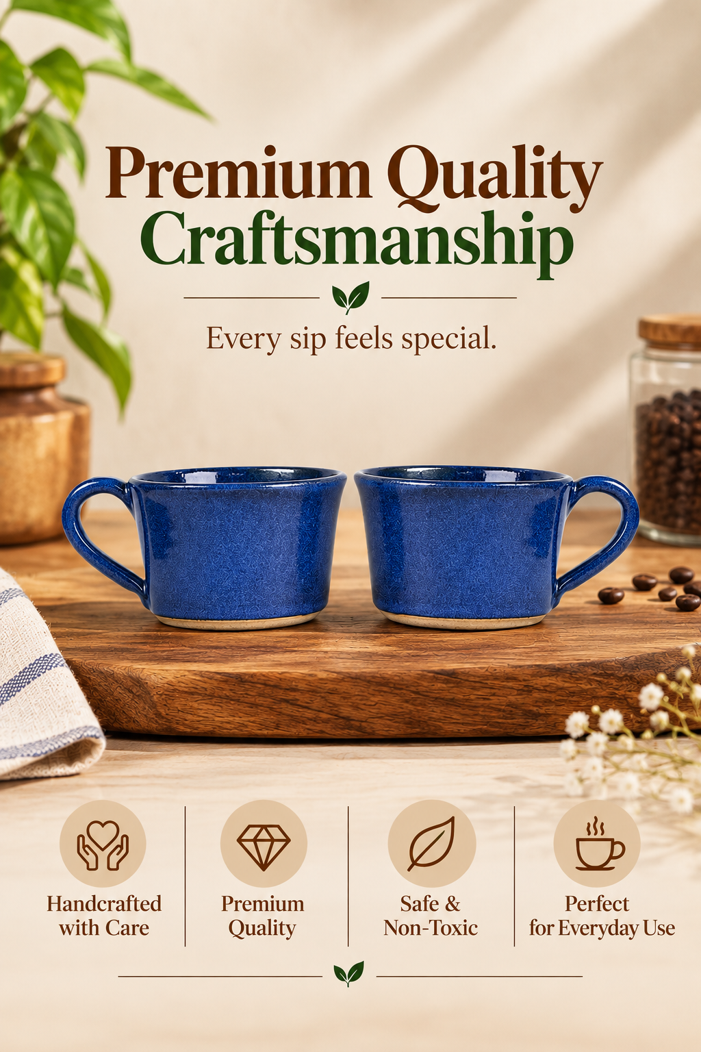 Ceramic Navy Blue Color Glazed Mug | Dishwasher & Microwave Safe - 350ml/11.8 OZ (Pack of 2)