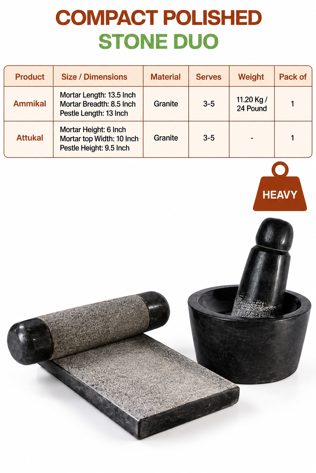 Compact Polished Stone Duo - Attukal/Rubbu Rolu + Ammikal/Silbatta | Handmade Kitchentools for Traditional and Flavourful cooking