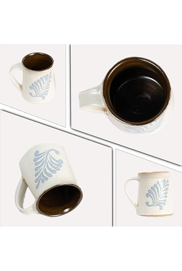 Multiple angles of a ceramic mug showing top, front, side, tilted, and bottom views to highlight design, shape, and finish.
