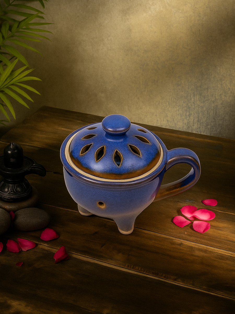 Ceramic incense holder and sambrani holder displayed in a home setting, ideal for pooja rituals, burning dhoop, and creating a peaceful spiritual atmosphere.