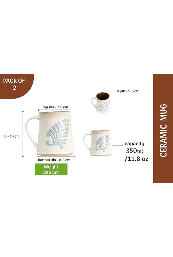 Ceramic mug dimension view with labeled measurements including height, top and bottom diameter, weight, depth, and capacity details.
