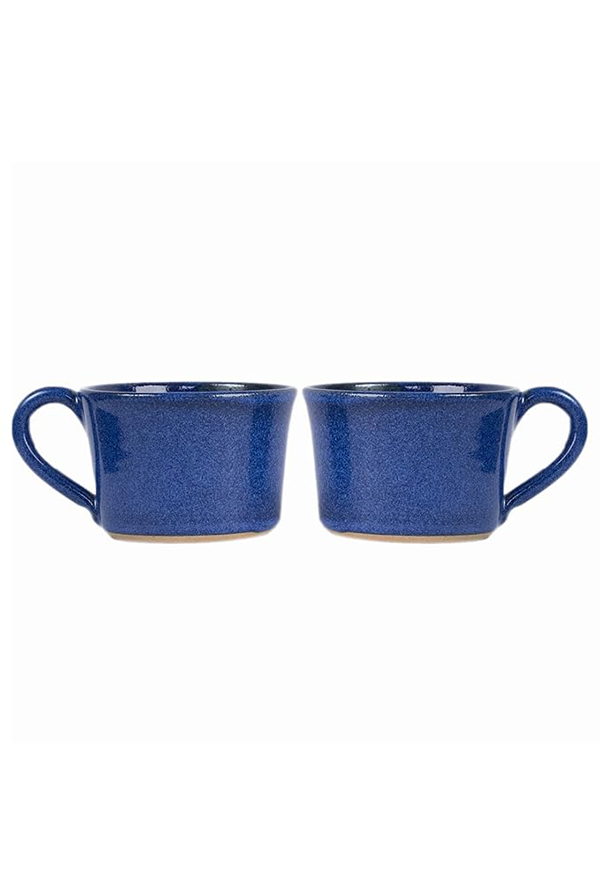 Pair of blue ceramic mugs with handles, displayed on a white background, featuring a glossy finish and modern design.

