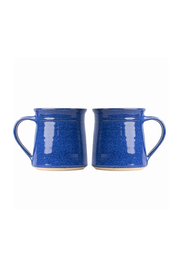 Pair of blue ceramic mugs with handles, displayed on a white background, featuring a glossy finish and modern design.


