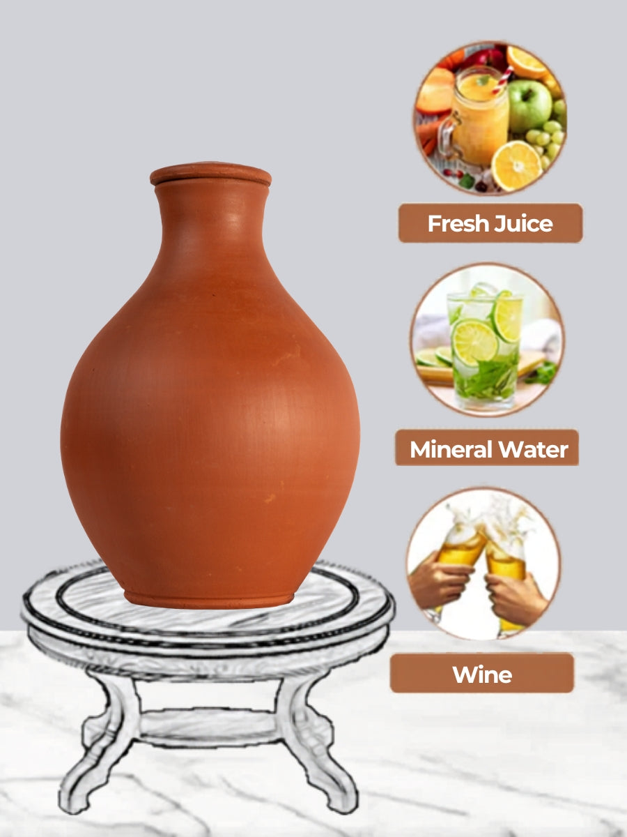 Clay water bottle placed on a stand, suitable for storing fresh juice, mineral water, or wine in an eco-friendly way.
