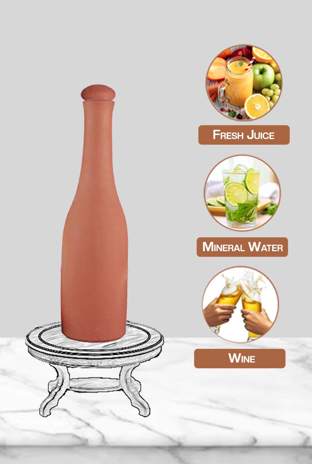 Clay water bottle placed on a stand, suitable for storing fresh juice, mineral water, or wine in an eco-friendly way.
