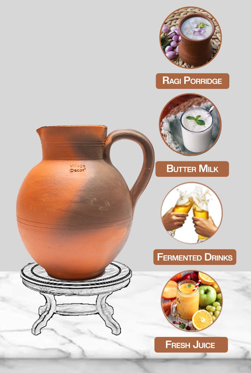 Clay water Jug placed on a stand, suitable for storing fresh juice, mineral water, or wine in an eco-friendly way.
