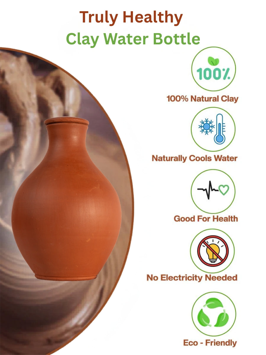 Clay water bottle made from natural clay, cools water naturally, eco-friendly, good for health, no electricity needed.

