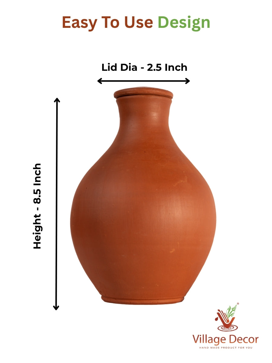 Detailed dimensions of Clay Water Bottle  showing bottle and lid measurements.