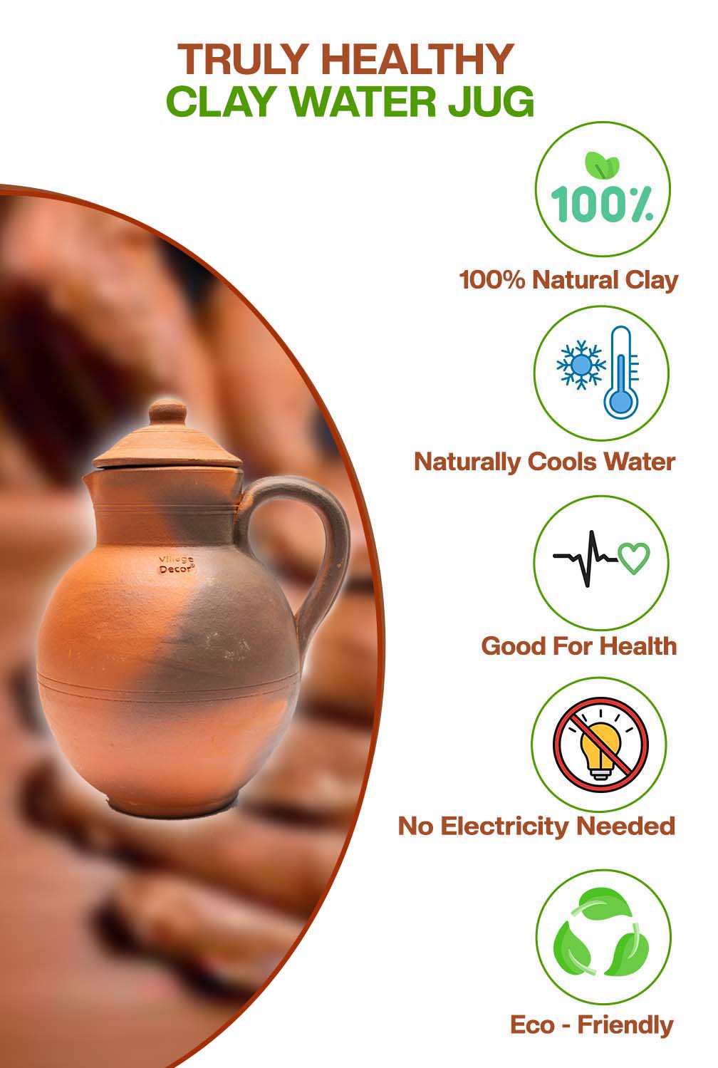 Clay water Jug made from natural clay, cools water naturally, eco-friendly, good for health, no electricity needed.
