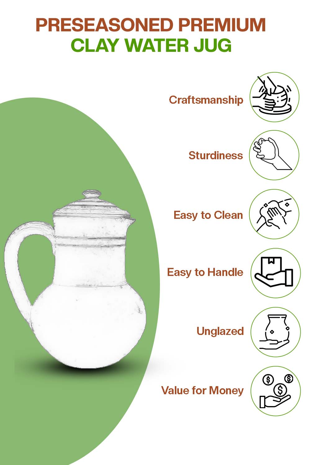 Preseasoned clay water Jug highlighting craftsmanship, sturdiness, easy cleaning, unglazed design, and value for money.
