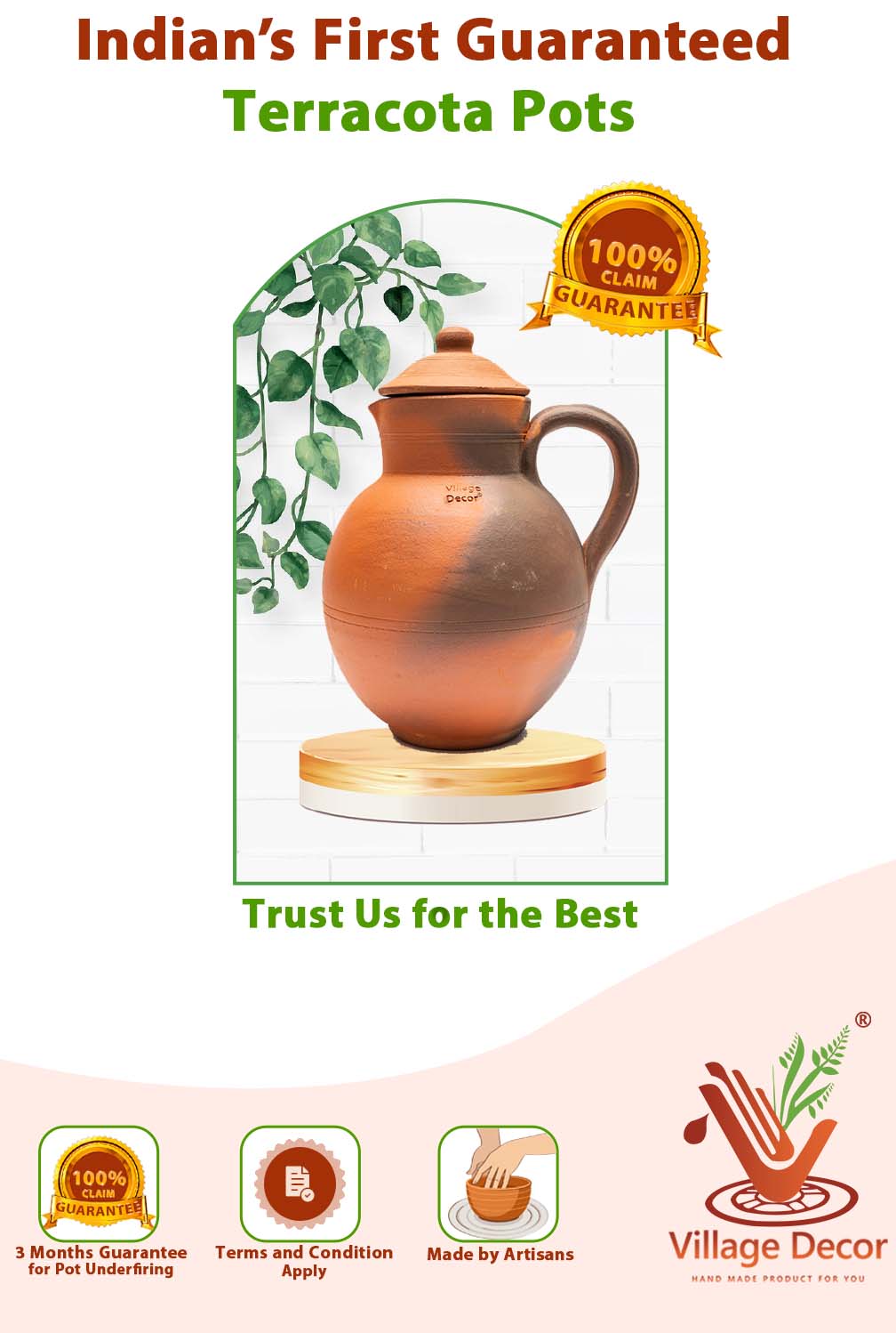 Terracotta clay water Jug with Lid, displayed with 100% guarantee label and minimal background.

