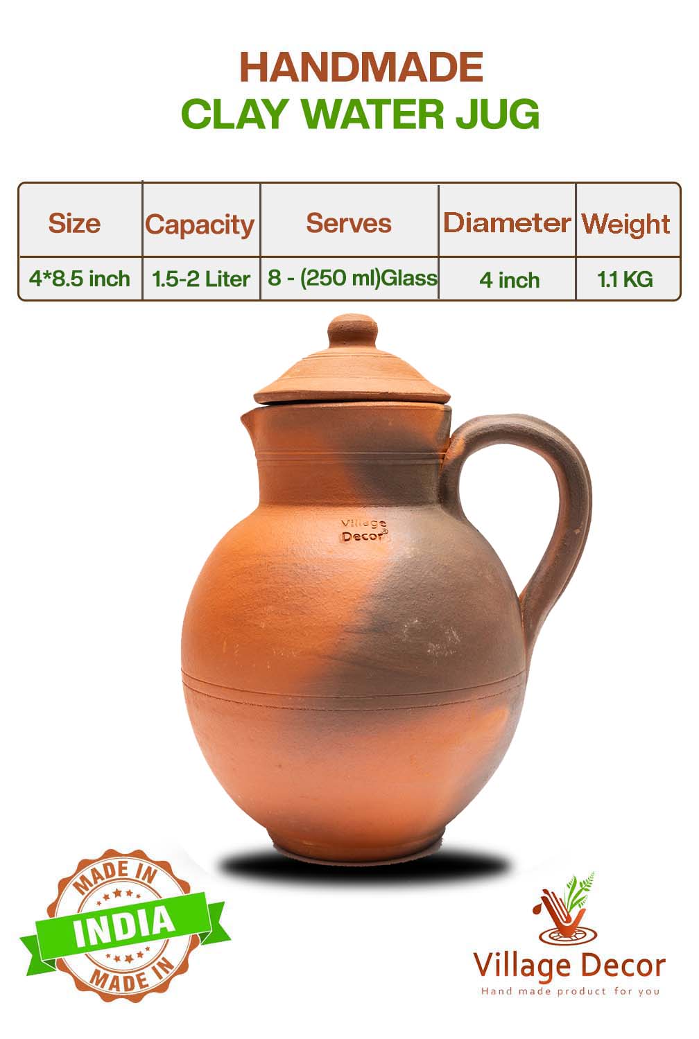 Eco-friendly 1.5-liter clay water Jug with lid, showing product dimensions, weight, and serving size.
