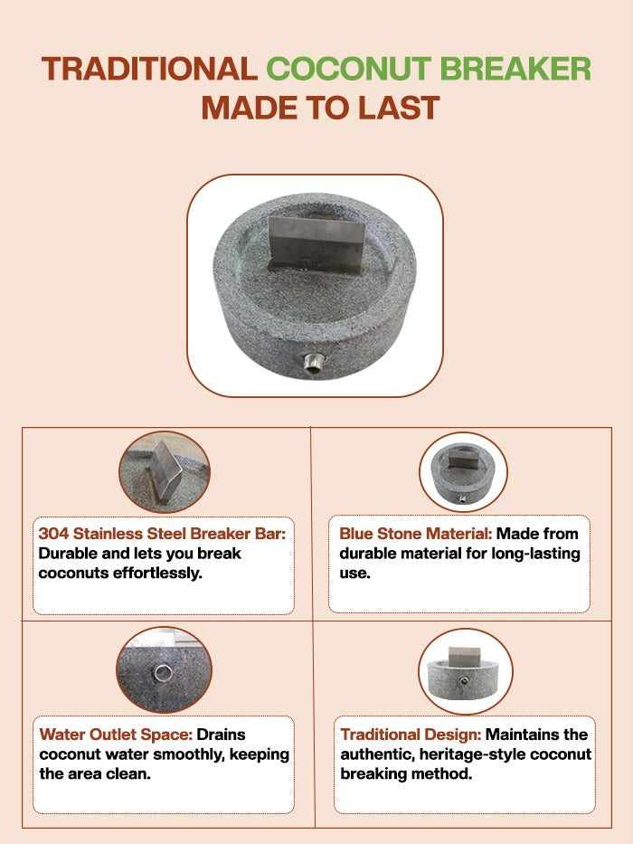 Traditional coconut breaker with features highlighted in a detailed manner.