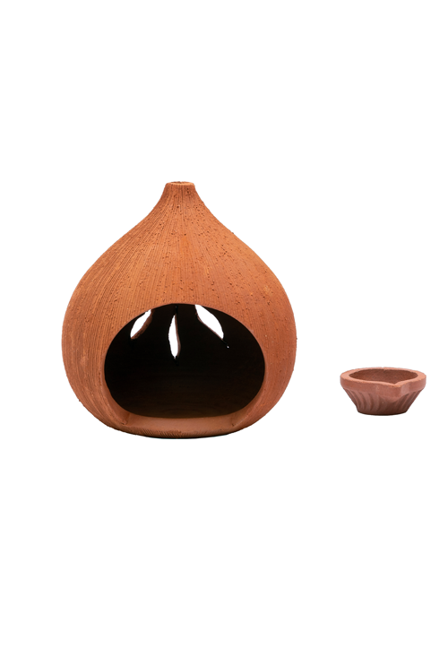 Handcrafted coconut-shaped terracotta diya with open cut design, displayed alongside a separate clay tea light holder – perfect for traditional and eco-friendly home decor.
