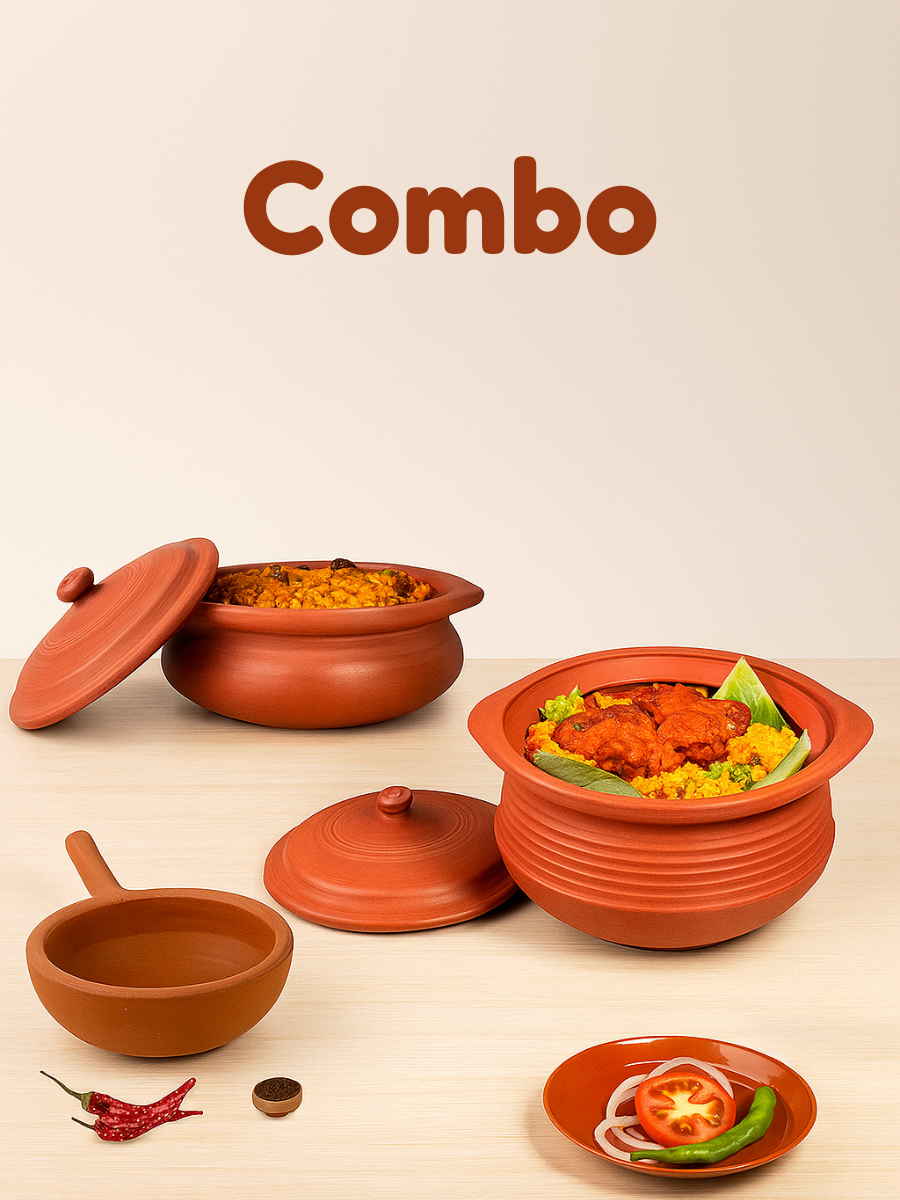 Compact cookware combo featuring handmade clay cooking pots in 1 and 1.5 litre capacities and a 400 ml tadka pan, styled in a traditional kitchen for everyday cooking with gas stove-safe clay cookware.