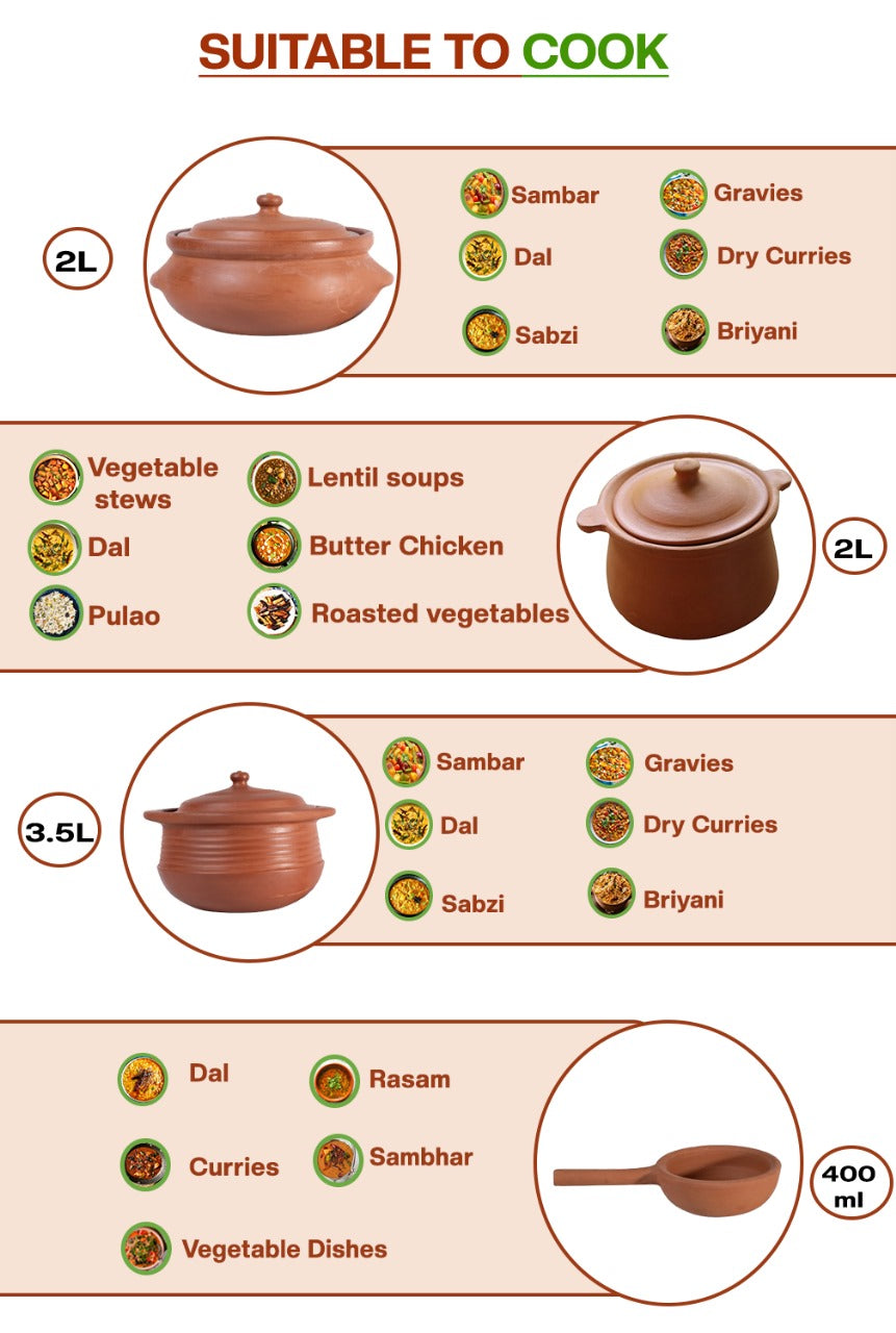 Clay cookware in 2L, 3.5L pots and 400ml tadka pan, suitable for cooking sambar, dal, biryani, gravies, curries, stews, and roasted vegetables.