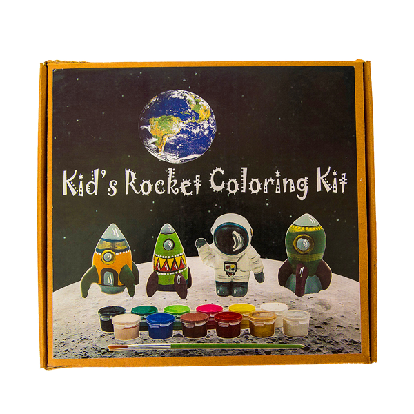 Box of a 'Kid's Rocket Coloring Kit' with space-themed illustrations on a white background.