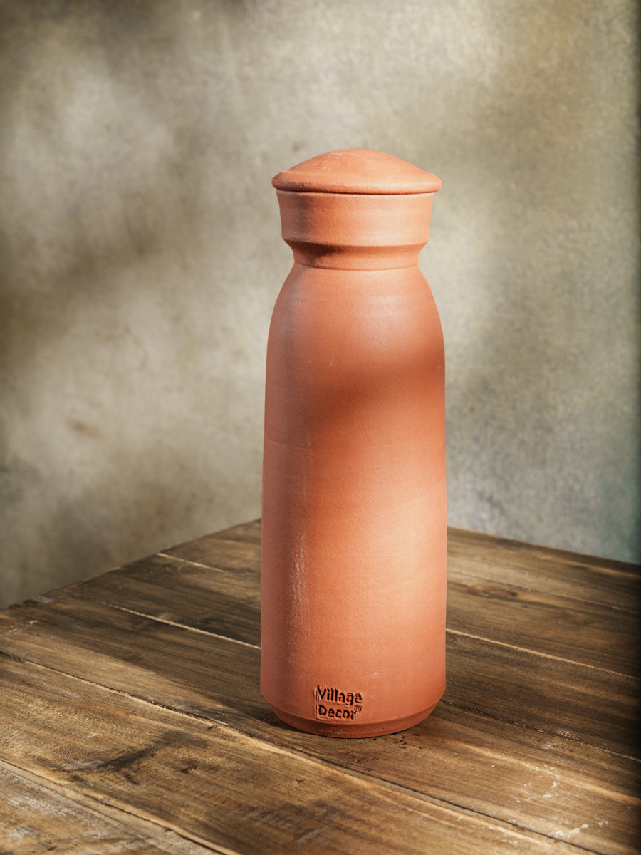 Terracotta clay water bottle with lid (Pre-seasoned) 1000 ML, 100% Natural Cooling, Non-Toxic & Chemical Free, Matka Bottle