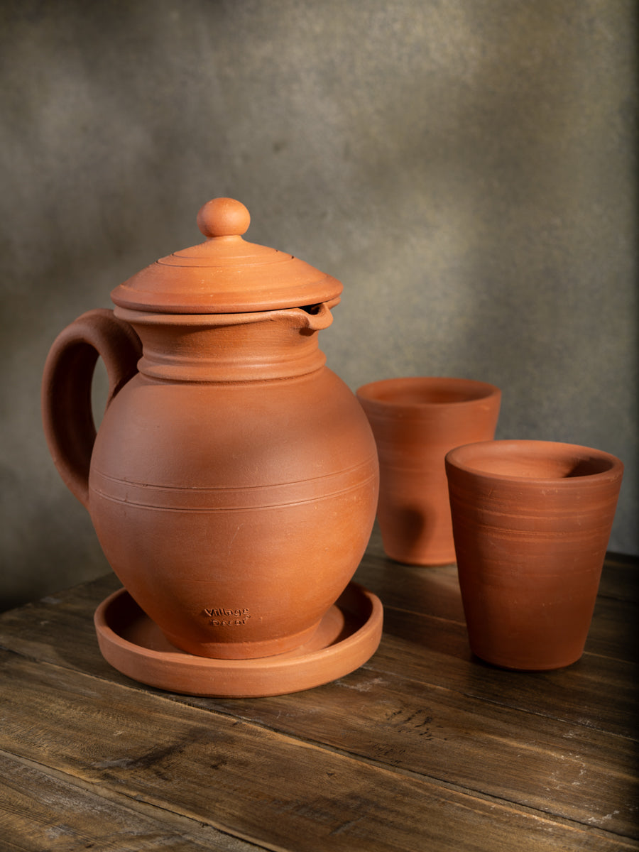 Terracotta clay Water Jug with Glass(Pre-seasoned) - 1500 ml