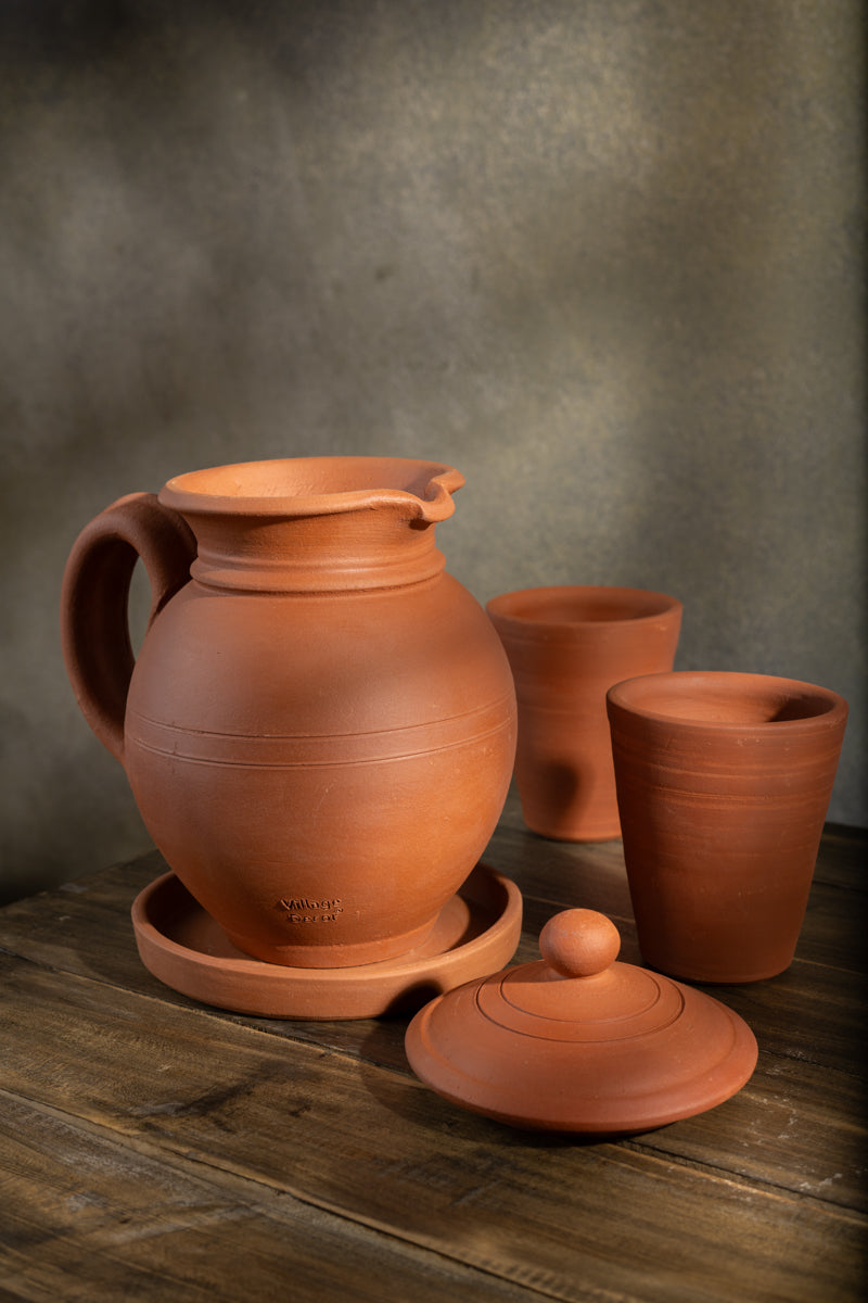 Terracotta clay Water Jug with Glass(Pre-seasoned) - 1500 ml