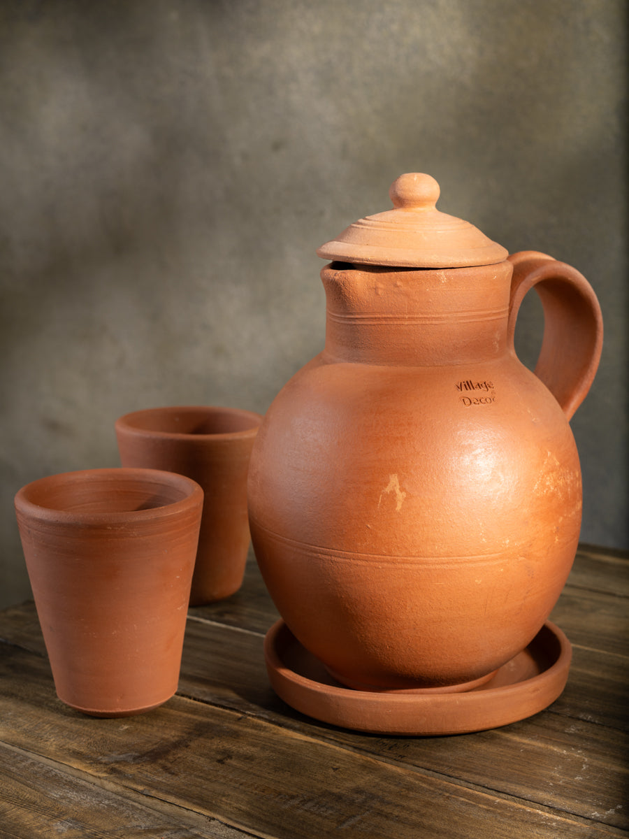 Terracotta clay Water jug with Glass (Pre-seasoned) -2000ml