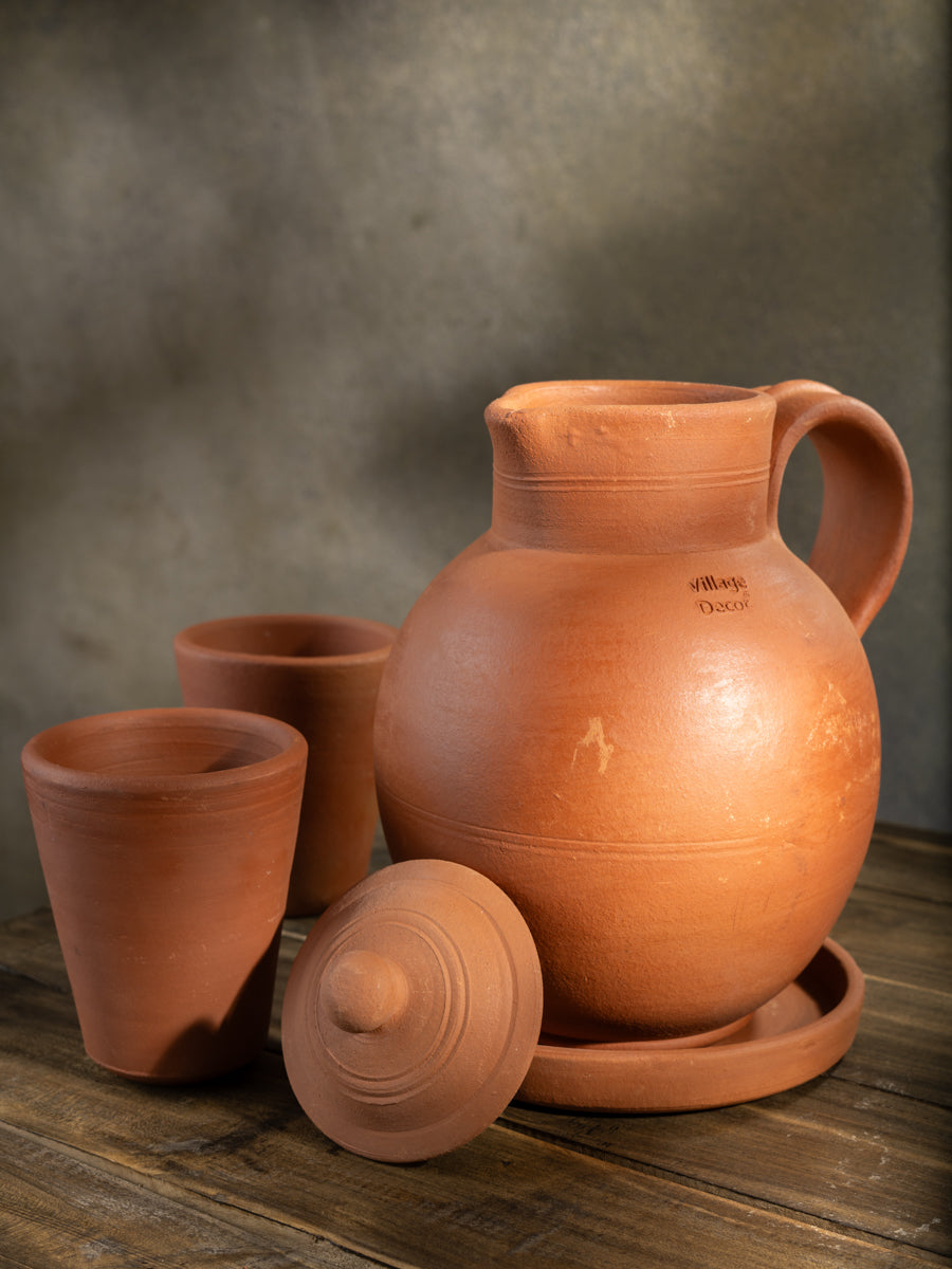 Terracotta clay Water jug with Glass (Pre-seasoned) -2000ml