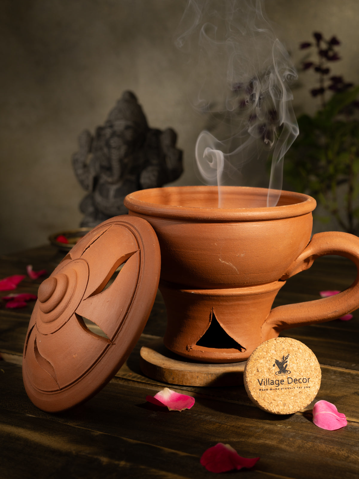 Earthen Clay Sambrani Holder with lid Incense Holder - Pack 1
