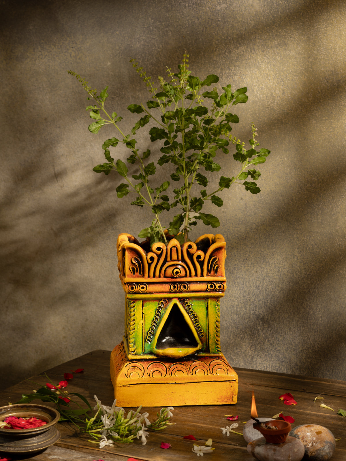 Terracotta Gardening Brindavan Tulsi Pot with Drainage Hole at Bottom | Tulsi Vrindavan for Balcony, Porch, Garden, Roof Planter (B * H - 6 * 8 Inch)