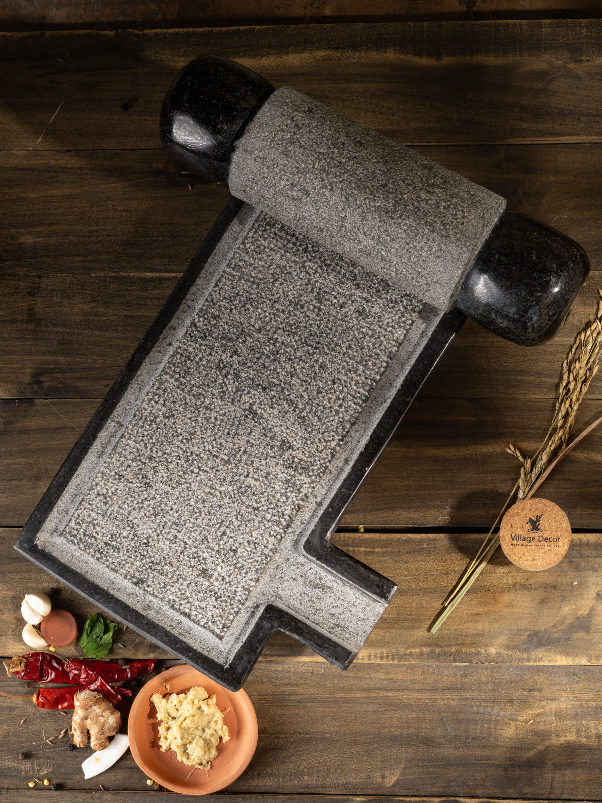 Black Stone Polished Sil Batta | Ammikallu | Mortar and Pestle (B x L - 9 x 15 inch)