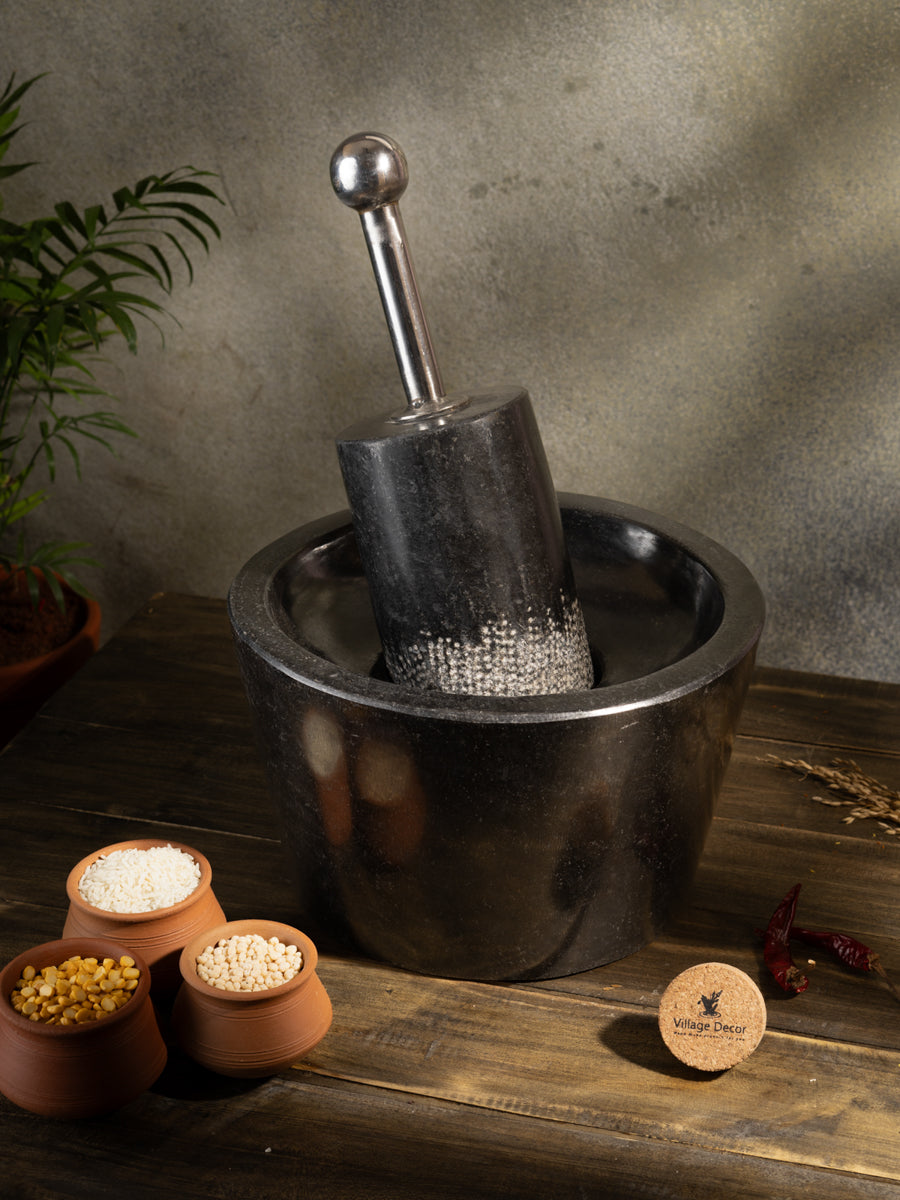 Black Stone Polished Traditional Manual Grinder stone|  attukal metate mortar & pestle| Rubbu rollu (W * H - 10 * 6 inch)