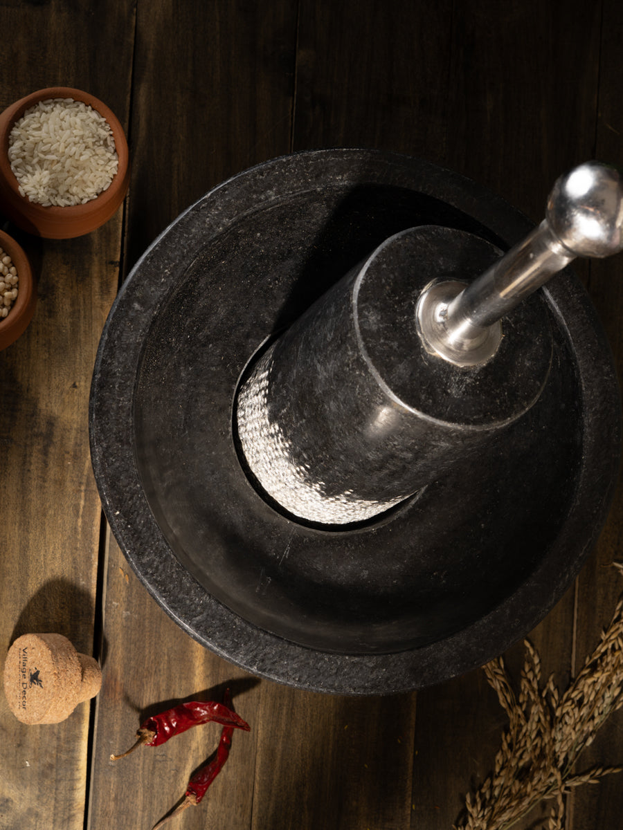 Black Stone Polished Traditional Manual Grinder stone|  attukal metate mortar & pestle| Rubbu rollu (W * H - 10 * 6 inch)
